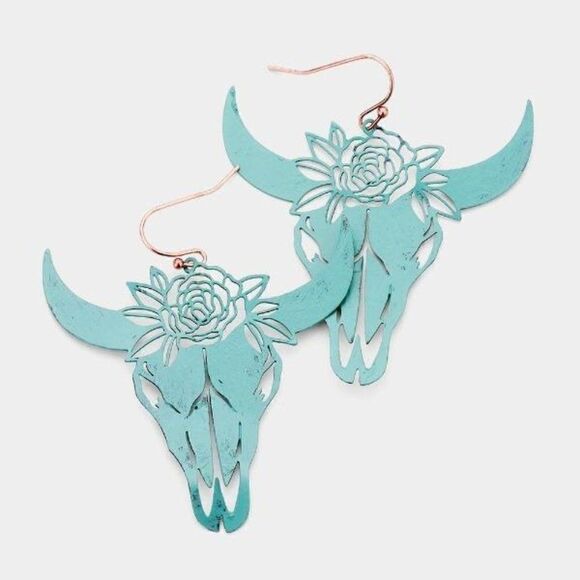 5/$25 Steer Head Flower Patina Verdigris Earring - Picture 5 of 7